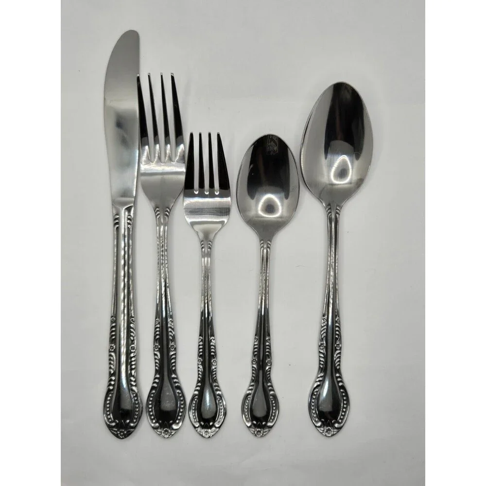 Vintage Stainless Flatware Spoon Knife Fork Columbia Japan Beaded Edge Set of 20